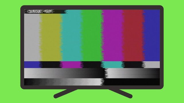 Television Screen with Color Bars Test Pattern Signal Loss Distortion Glitch Effect on Chroma Key Green Background Illustration
