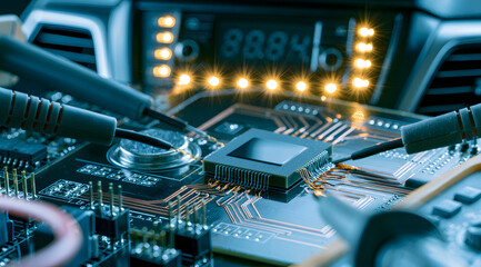 An image of an automotive semiconductor package on a printed circuit board, featuring copper traces, bonding wires, an electromagnetic interference shield, oscilloscope probes, and a lit dashboard mod