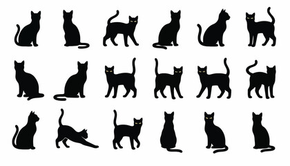 Cats silhouettes are displayed in a collection of fifteen unique black feline poses on a white background. © Fatima
