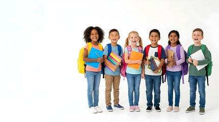 Obraz premium Group of Diverse Happy Multi-Ethnic School Children with Backpacks Standing Isolated on White Background