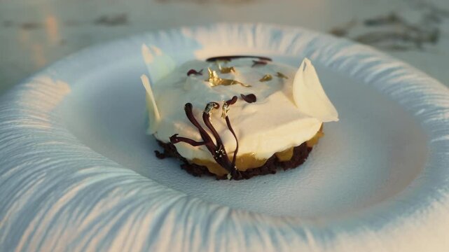 delicate cream dessert on plate with gold leaf top-down view, food photography, commercial concept.