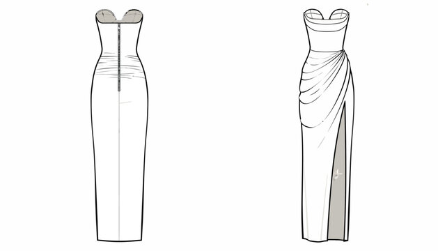 Dress formal wear technical sketch outlines two strapless gowns featuring a high leg slit and structured bodice construction.