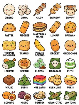 Cute Indonesian Traditional Snack Sticker Pack Flat Vector Collection
