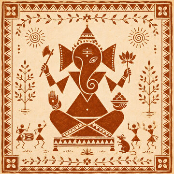 Ganesha painting traditional warli art style hindu god elephant head frame folk art.