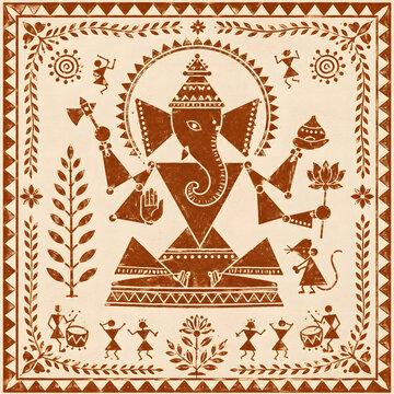Ganesha painting traditional warli art style hindu god elephant head frame folk art.