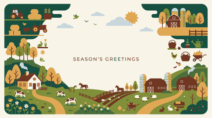 Fototapeta premium Farm landscape and village seasonal greetings border.