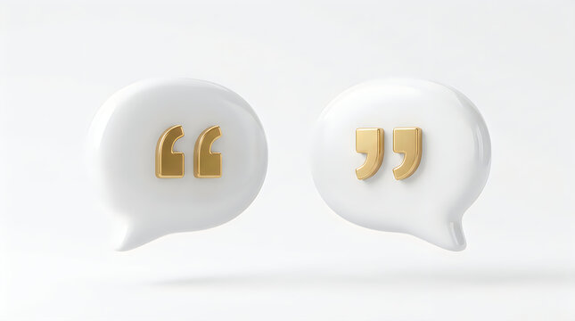 Two white 3D speech bubbles with golden quotation marks communication dialogue conversation punctuation