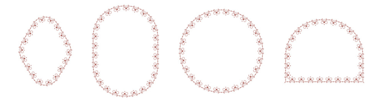 Dark red bow lace border frame set featuring circle oval diamond arch shapes, delicate ribbon garland trim isolated on white background vector illustration for wedding invitations romantic stationery