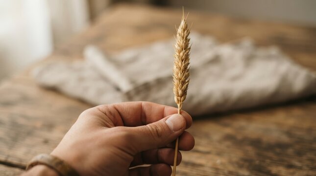 Hand holding a single ripe wheat spike on rustic wooden table with linen fabric background for agricultural and harvesting concepts