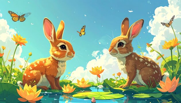 Two foxes standing in a vibrant forest clearing.