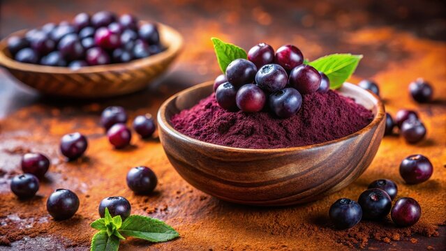 Organic acai powder in rustic bowl on dark rich red clay background surrounded by vibrant purple berry grains