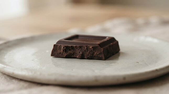 A single piece of dark chocolate resting on a light ceramic plate on a wooden table, perfect for gourmet food concepts, dessert photography, and sweet treat advertising