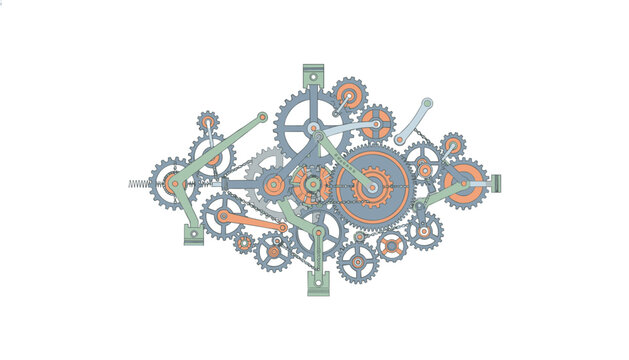Intricate mechanical gear mechanism with interlocking cogs and springs on white background.