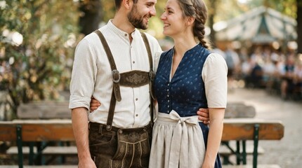 Naklejka premium Happy young adult couple in traditional Bavarian trachten clothing lederhosen and dirndl smiling together at Oktoberfest folk festival outdoors