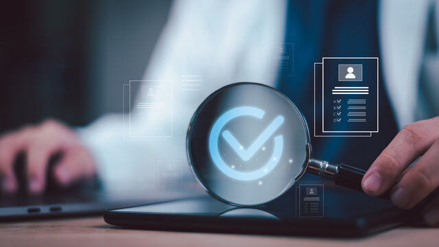 Human resources manager performs employee verification through background screening, identity validation, compliance review, recruitment assessment, credential authentication, hiring process, trust