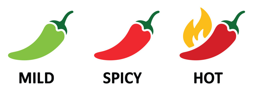Spicy Scale: A graphic representation of chili pepper heat levels, showcasing mild, spicy, and hot stages with accompanying visual cues of intensity.