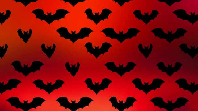 Black Bats Flying on Orange Flicker 4K Loop features black vector style bats flapping their wings and flying toward the top of the screen with a flickering orange background in a loop.