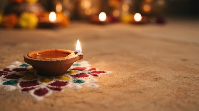Lit clay Diya lamp placed on a colorful Rangoli pattern on floor celebrating Diwali festival of lights with glowing candles background