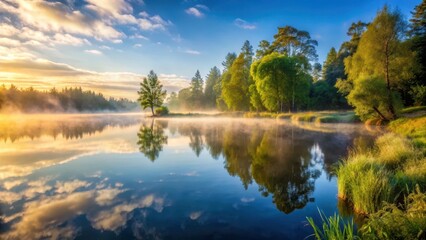 Obraz premium A serene morning mist rises over tranquil lakeside waters