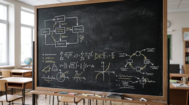 Classroom Blackboard with Math and Flowcharts: A dark blackboard in an empty classroom is filled with complex mathematical equations, geometric shapes, and logic flowcharts.