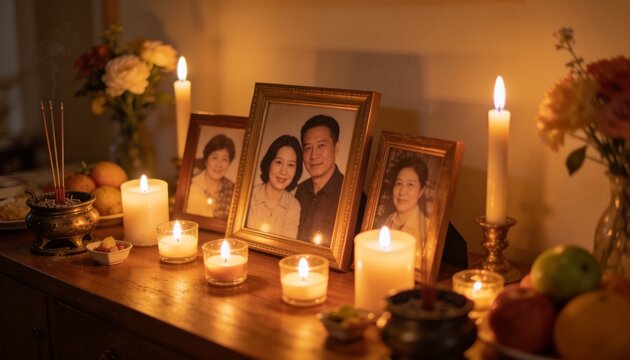 Ancestral Shrine: A dimly lit, warm-toned image of an ancestral shrine adorned with framed photographs of loved ones, lit candles, incense, and offerings of fruit, evoking a sense of remembrance.