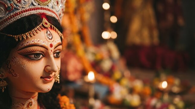 Close-up portrait of Goddess Durga idol during Hindu festival celebration with glowing lights and traditional decorations representing Indian culture and spirituality