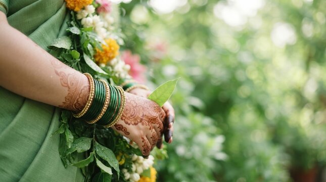 Indian bride with traditional green glass bangles and intricate henna tattoos holding a leaf during a pre-wedding ritual ceremony