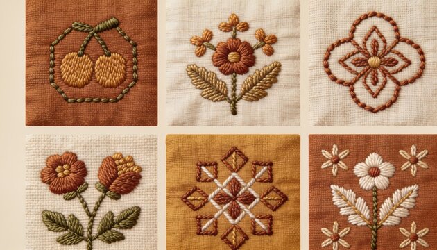 Embroidered Artistry: A collection of six textile squares showcases intricate hand-embroidery featuring folk art motifs like cherries, flowers, and geometric patterns in warm, earthy tones.