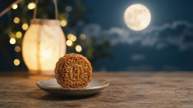 Mid Autumn Festival mooncake on wooden table with traditional glowing lantern and full moon in night sky background for celebration concept