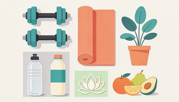Fitness Essentials Flat Lay: A vibrant collection of fitness equipment and healthy items, including dumbbells, a yoga mat, water bottles, fresh fruit, and a potted plant.