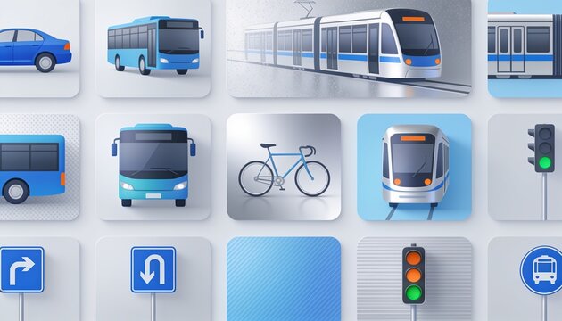 Urban Transport Icons: A collection of modern transport and traffic symbols, featuring various vehicles like buses, trams, and cars alongside traffic lights and road signs.