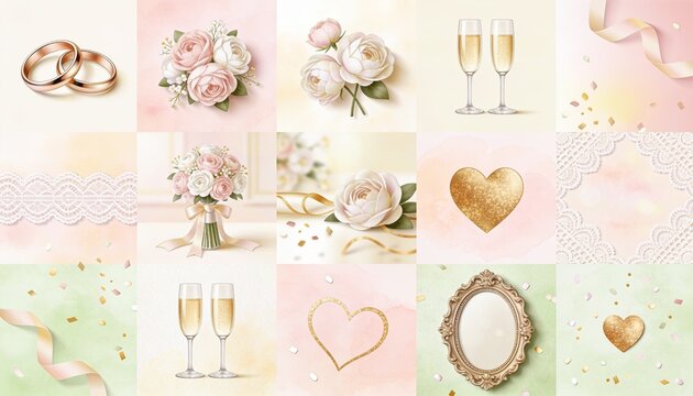Wedding Montage: A collection of delicate wedding elements including rings, bouquets, champagne, and decorative accents, artfully arranged to evoke romance and celebration.