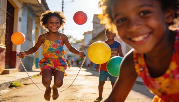 Joyful Jump Rope: Two smiling children enjoy a game of jump rope on a sunny street, colorful balls adding to the vibrant scene of childhood fun and energy.