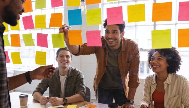 Brainstorming Session: A diverse group of colleagues collaborates enthusiastically in a modern office space, using colorful sticky notes on a wall to brainstorm ideas and foster creativity.
