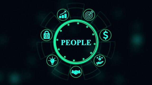 Digital people management interface with business growth and corporate strategy symbols for human resources and networking