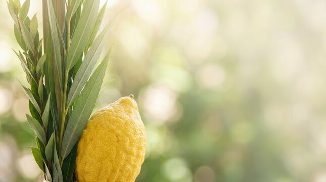 Etrog and lulav symbolising the Jewish festival of Sukkot with copy space for holiday greetings and traditions