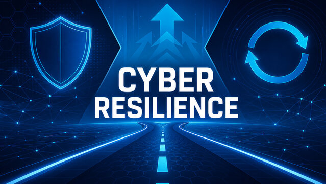 Futuristic blue cybersecurity illustration with shield, recovery arrows, connected network, and digital road symbolizing cyber resilience.