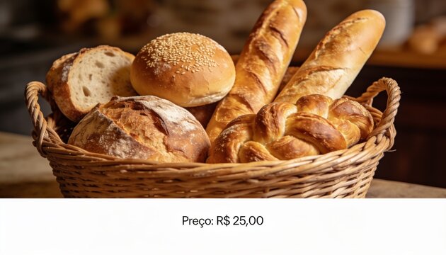 Artisan Bread Basket: A rustic wicker basket overflows with a variety of freshly baked artisan bread, including crusty baguettes, round loaves, and a braided challah.
