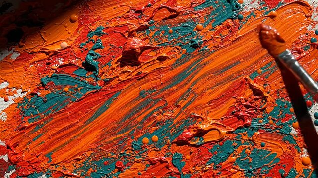 Thick impasto oil paint texture in orange and teal