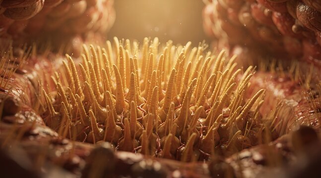 Microscopic view of intestinal villi in the human digestive system