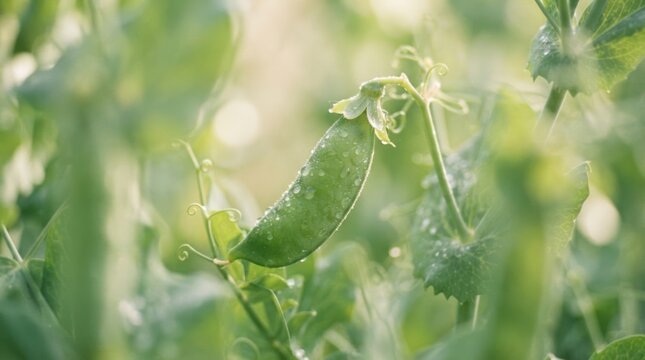Fresh green pea pod growing on the vine with morning dew drops in a lush garden, representing agriculture, organic farming, and healthy eating