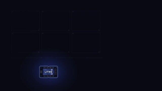 Futuristic chip fabrication animation showcasing lithography exposure with glowing blue fields and a central 'LITHO' label, set against a dark background for a tech-inspired mood.