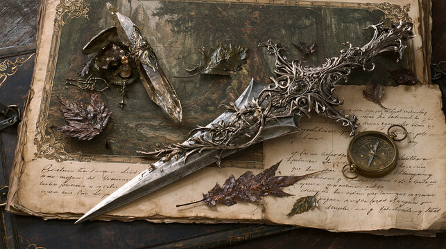 Intricate silver dagger surrounded by vintage parchment and autumn leaves.