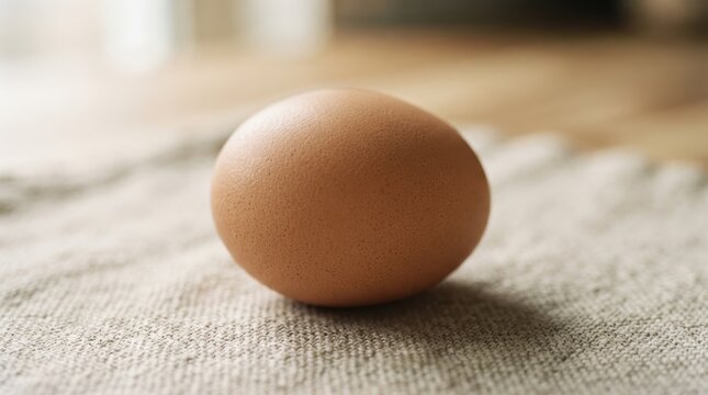 A single brown egg resting on a textured fabric cloth surface representing fresh organic farm produce and wholesome cooking ingredients for healthy breakfast recipes