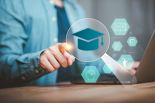 Online instructor exploring e-learning, digital education, online course, graduation, virtual classroom, professional training, certification, knowledge, education technology, learning platform.