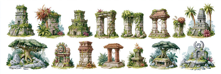 Naklejka premium Ancient ruins overgrown with vegetation showcasing intricate carvings and structures.