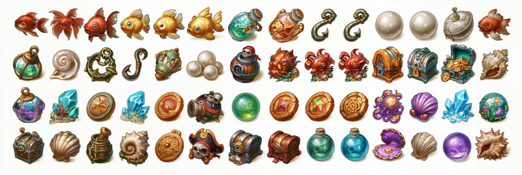 Colorful collection of fantasy-themed icons including fish, pearls, and treasures.