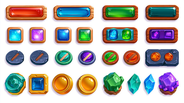 Colorful UI game assets featuring various gem and button designs.