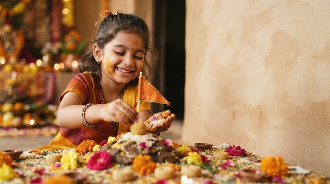 Young Indian girl celebrating Govardhan Puja festival by making cow dung hill with flag and sweets