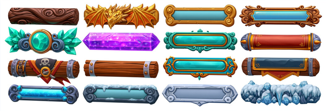 Colorful game UI RPG assets featuring various decorative panels and frames.